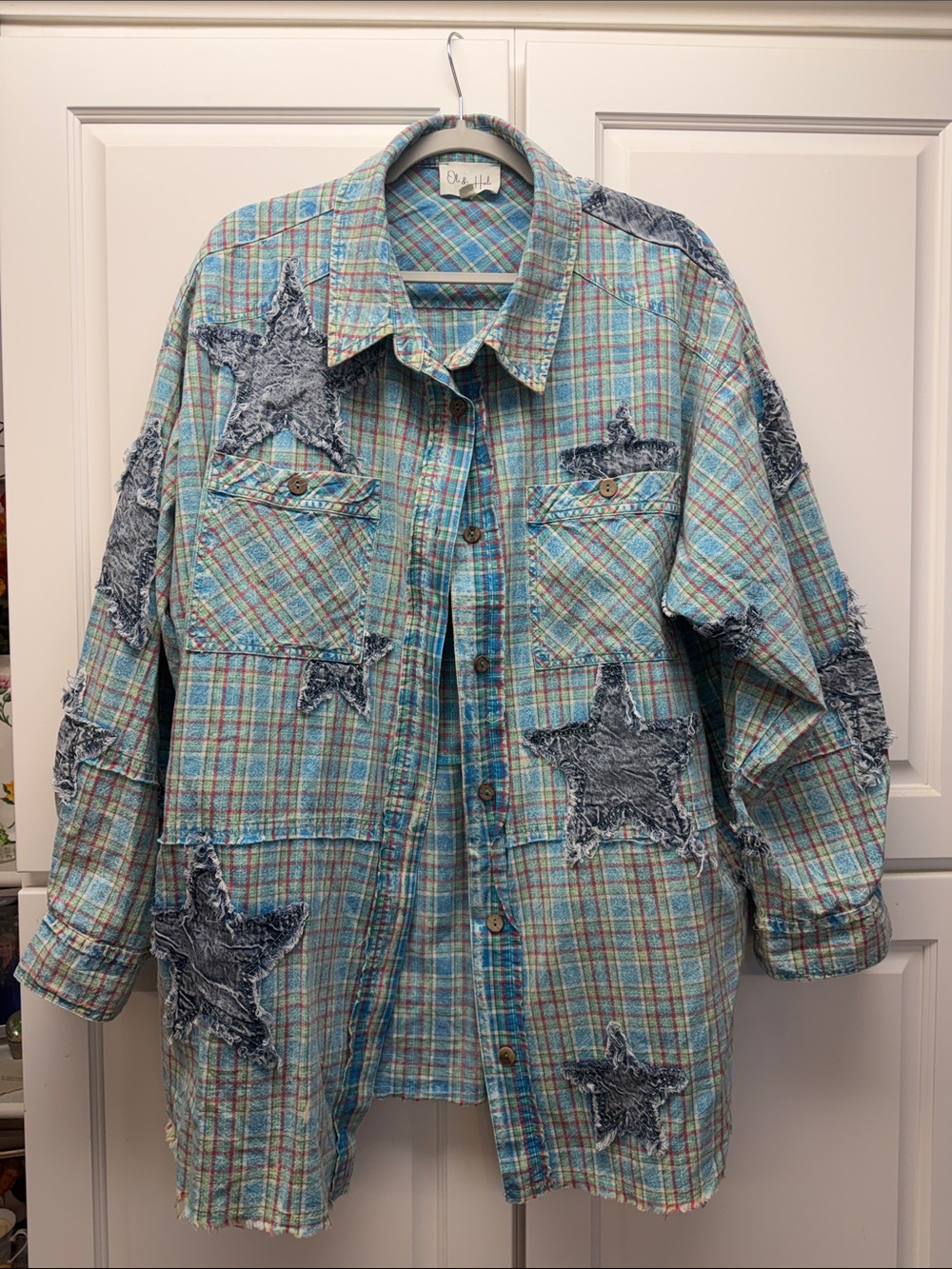 Oli & Hali Aqua Plaid Button-Down Shirt Jacket with Distressed Star Patches